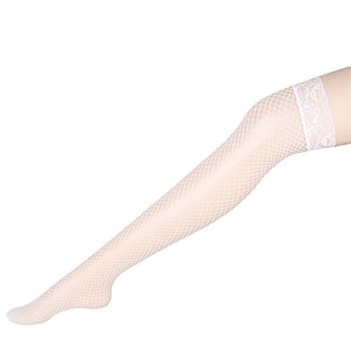 Daben200 Women Solid Lace Top Thigh High Fishnet Mesh Hole Long Stockings -White
