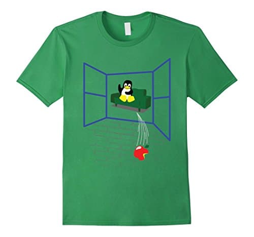 Men's Linux penguin Throws an Apple out the Window - Funny T-Shirt Medium Grass