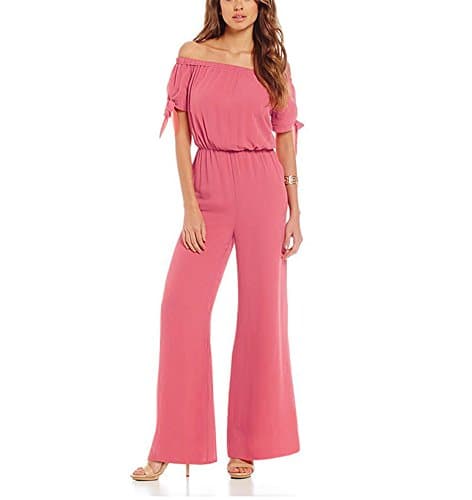 Monissy Womens Short Sleeve Off Shoulder Romper Plain Long Loose Pants Causal Chiffon Jumpsuit