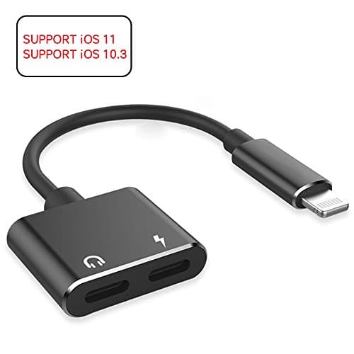 Lightning Jack Adapter Splitter, 2 in 1 Lightning Jack Headphone Charger Adapter for Apple iPhone X /10 iPhone 8/8Plus iPhone 7/7Plus, Dual Lightning Adaptor with Charge, Earphone Lightening Audio Converter ( Support Music Control, Charger, Phone Call and Control Volume )( Support iOS 11 ) (Black)
