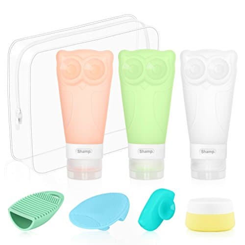 Silicone Travel Bottles[7 Pack, 83ml/2.8oz] Leakproof Refillable Cosmetic Travel Containers w/ Toiletry Bag Makeup Brush Cleaner Face Brush Cream Jar Toothbrush Cap