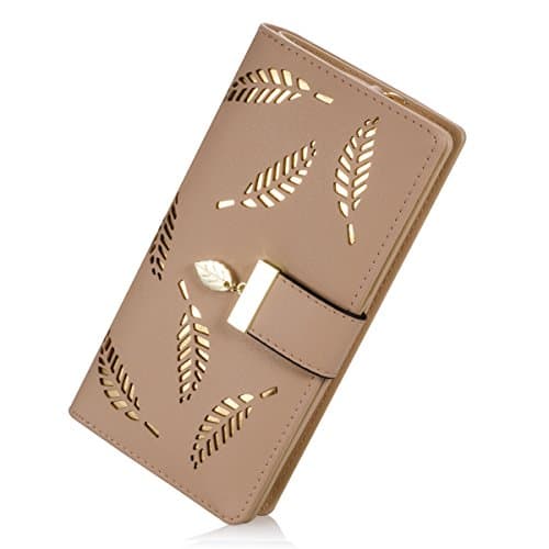 Women's Wallet Hollow Leaf Pattern Bifold Leather Lady Long Wallet Purse Coin Button Clutch Bag (Beige)
