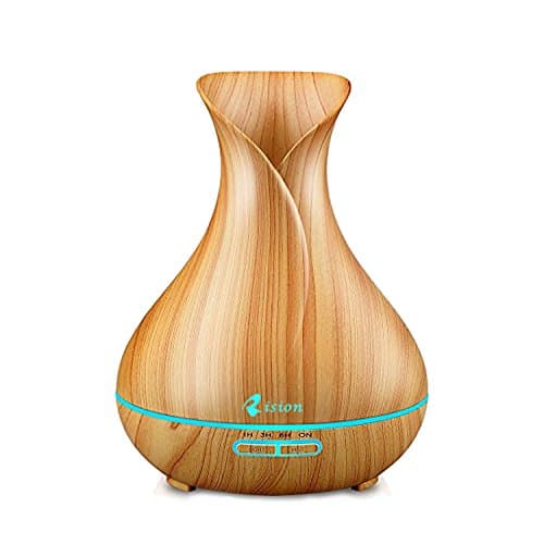 Aromatherapy Essential Oil Diffuser, 300ml Vase Shape Whisper Quiet Ultrasonic Cool Mist Humidifier with Wood Grain Design, 4 Timer Settings for Office, Room, Spa (Light Color)