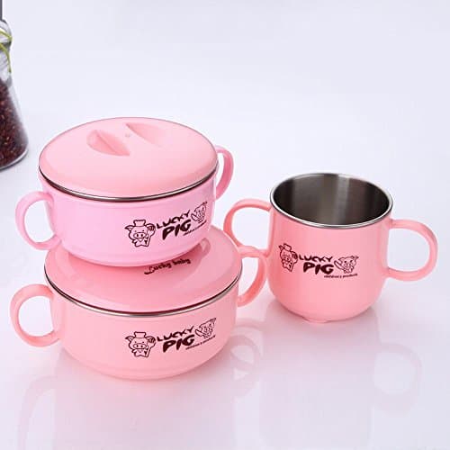 Children 'S Stainless Steel Insulation Tableware Drop-Proof Water Insulation Bowl Infant Gift Bowl Sucker Bowl Spoon Set,Pink