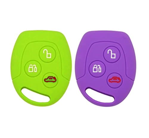 2 Pack Ford 3 Buttons Silicone Car Key Protection Case / Car Key Cover / Fob Holder - Universal Accessories for Ford Mondeo Festiva Fiesta Focus Transit Connect C-Max KA Galaxy S-Max(Green+Purple)
