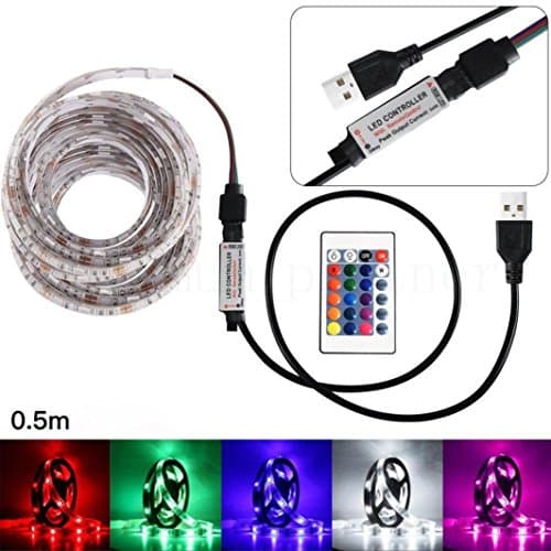 ALISAM 50-200 CM USB LED Strip Light TV Back Lamp 5050RGB Colour Changing LED Strip Lights Kit+24 Keys Remote Control,String Light for TV Lighting Decoration Home Kitchen Cabinet Lighting (50CM)