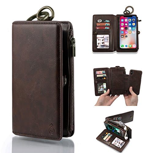 iPhone X Case,Ticase iPhone X Cover [Detachable] [Stand Feature] [Card Holder] Premium PU Leather Zipper Wallet Case Multi-Function Flip Cover - Retro Brown