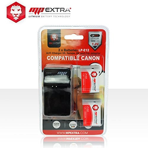 MP EXTRA LP-E12 batteries Pack 2 + Europe/US Adaptor + In Car Charger For Canon EOS Black