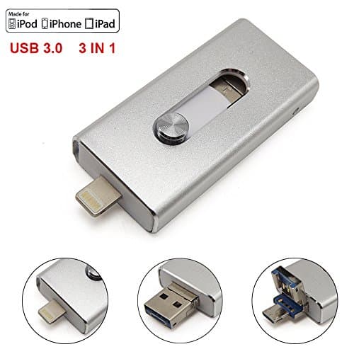 Escomdp USB 3.0 Flash Drives for iPhone 5 6 7 Plus, iPad iOS Lightning Apple Device, 3-in-1 Mobile Phone OTG Flash Memory Stick Storage Expansion for Android &amp; Computers (16GB, Silver)