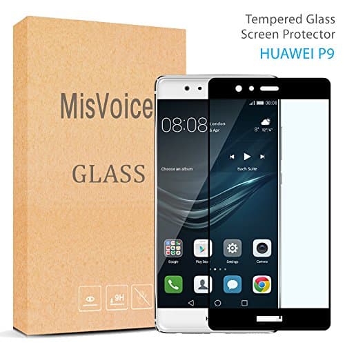 Huawei P9 Curved Glass Screen Protector, Full Coverage, MisVoice Premium Tempered Glass Screen Film,0.23mm,Scratch Resistant ,9H Hardness ,Bubble Free, Easy Install for Huawei P9 (Black) Retail Store ,Lifetime warranty