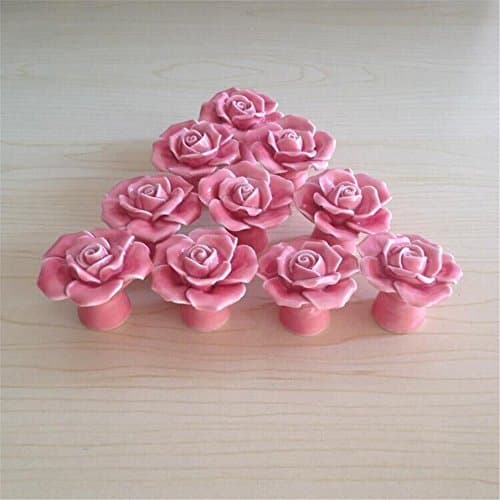 SunKni 41mm 10Pcs Rose Flower Floral Knobs Ceramic Drawer Handles Pulls for Wardrobe Cupboard Dresser Cabinet Closet Kitchen Furniture with Free Screws 2015 New Sets Pack of 10 (Pink) by SunKniAR