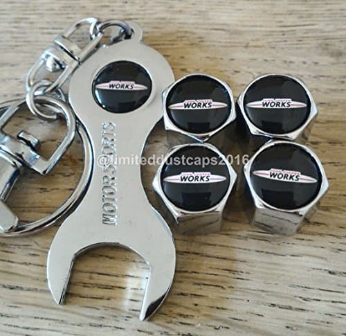 JOHN COOPER WORKS - MINI COOPER CHROME Wheel Valve Dust Caps WITH SPANNER KEYRING EXCLUSIVE FROM US ALL MODELS CLUBMAN CONVERTIBLE COUNTRYMAN PACEMAN JOHN COOPER WORKS