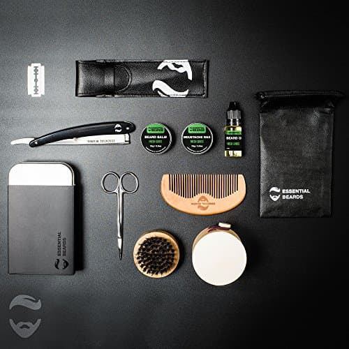 Beard Grooming Kit For Men | Gift Set Beard Balm, Moustache Wax, Beard Oil, Cut Throat, Barber Scissors, Wooden Comb and Beard Brush, Tin included 6A XXL KIT by Essential Beards (fresh grass)