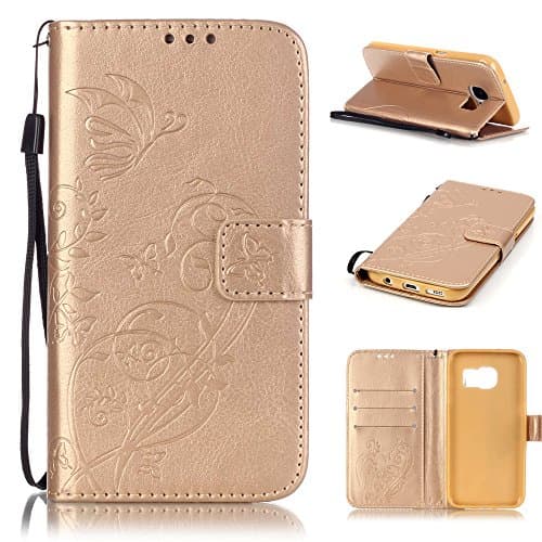 Uming® Embossed Embossing Butterfly Flower Bloom Print Pattern Colorful Holster Cover Case ( Gold - for Samsung Galaxy Note4 N9100 N910 ) Artificial-leather Flip with Bracket Stander Holder Credit Card Slot Wallet Hasp Magnet Button Shell Protective Mobile Cellphone Cover Bag