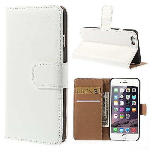 iPhone 6S/6 Genuine Leather Wallet Flip Case White with Tan Interior Slim Cover Holder+2 Retina Screen Protector (iPhone 6S/6, White)