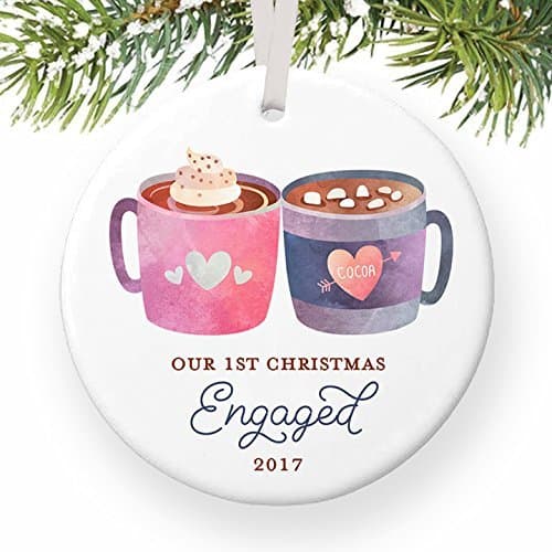 Our First Christmas Engaged Ornament 2017, Dated Year 2017, 1st Xmas Engagement Ornament for Fiancee, Cute Mugs Ceramic Present Keepsake 3" Flat Circle Porcelain with White Ribbon &amp; Free Gift Box