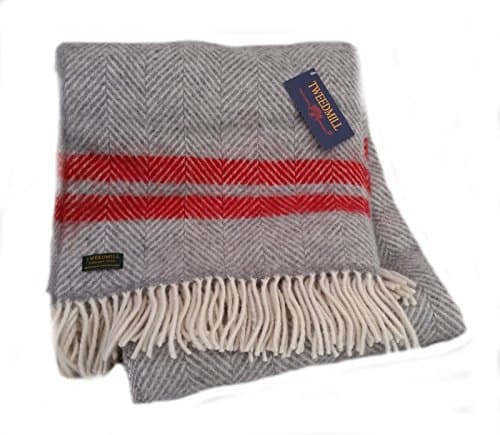Herringbone 2 stripe pure new wool blanket throw rug - grey/red - BRITISH MADE