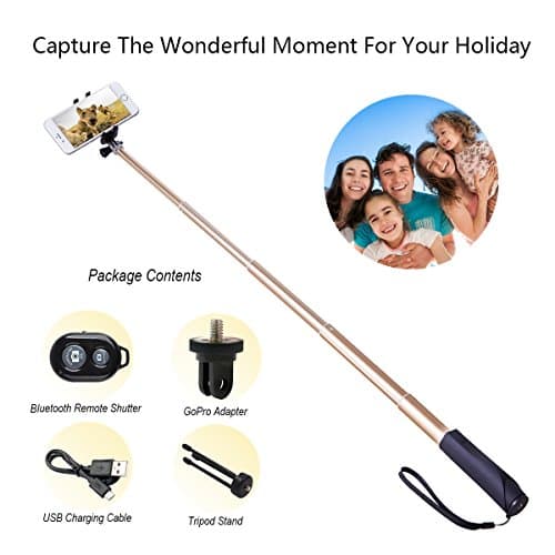 ZIZON Bluetooth Wireless Selfie Stick Compatible for cellphone and LSDR Camera Extendable Aluminum Monopod with Tripod Stand, Built-in Shutter Button Foldable Mount Clamp & 1/4" Screw Adapter.(Gold)