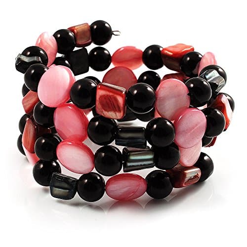 Avalaya Acrylic &amp; Shell Bead Coil Flex Bangle Bracelet (Black &amp; Pink)