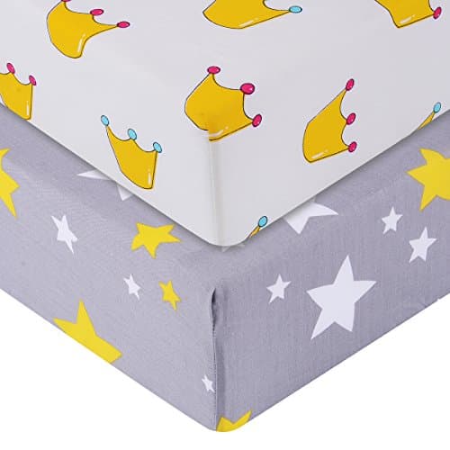 Final Home 2-Pack Pre-washed 100% Cotton Muslin Fitted Crib Sheet 130x70cm, (star&amp;crown)