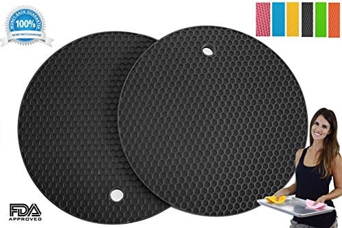 Silicone Multipurpose Kitchen Tool: Pot Holders, Trivet, Jar Opener, Large Coaster, Spoon Rest, Flexible, Durable, Heat Resistant Mat (2 Pack, Black)