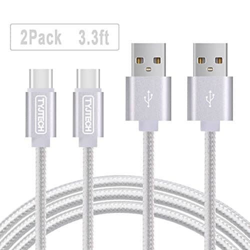 USB Type C Cable,TYJTECH 2-Pack 3.3ft/1m Nylon Braided USB Type C (USB-C) to Type A (USB-A) Data Sync Charging Cable for Samsung Galaxy S8/S8+, Nexus 5X / 6P, OnePlus 2 / 3T, Apple New Macbook, HTC 10, Huawei P9, Nintendo Switch, Sony Xperia XZ, Lumia 950 / 950XL and More - Silver