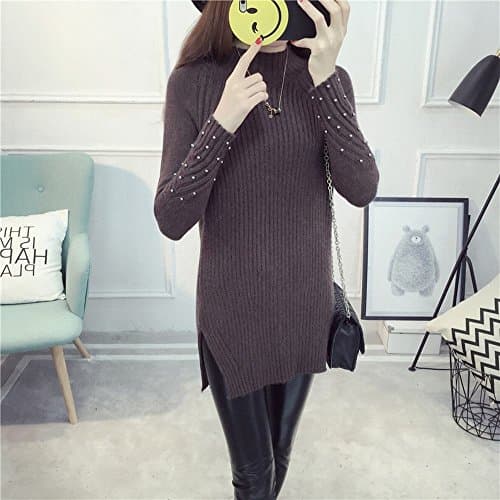Autumn and Winter Women 'S Long Section Solid Color Beaded Clothing Half-High Collar Wild Knit Primer Shirt,Coffee,All code
