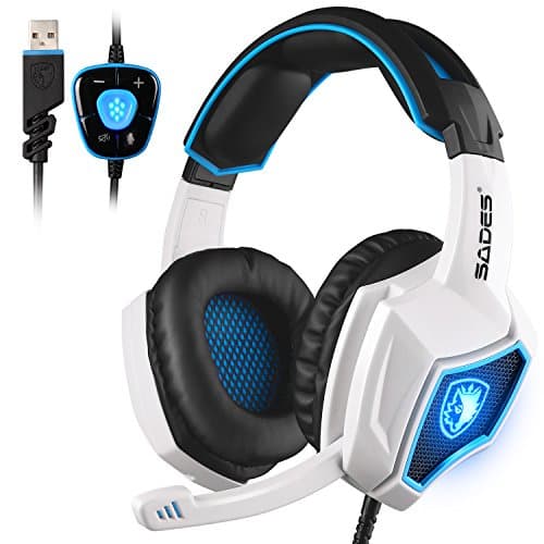 [New USB Computer Headphones with Mic] Over Ear 7.1 Surround Sound PC Gaming Headset with Noise Cancelling/Breathing Light in Black White for PC Laptop