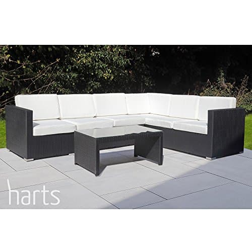 Harts Premium Rattan Corner Sofa (Various Sizes) with Coffee Table &amp; 10cm Cushions - BLACK Rattan (284 x 218cm)