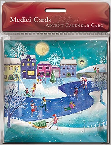 Advent Christmas card with 24 Doors and White Mailing Envelope Skating on the Village Pond square 6 x 6 inches Medici Cards ACS0001
