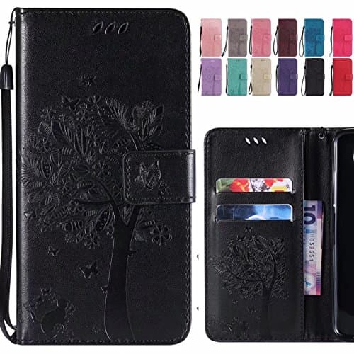 Ougger For Huawei P20 Lite Case, Premium PU Leather Flip Stand Wallet Cover Magnetic-Buckle Protective Soft TPU Bumper Case for Huawei P20 Lite/Nova 3e with Card Slot, Cat & Tree (Black)
