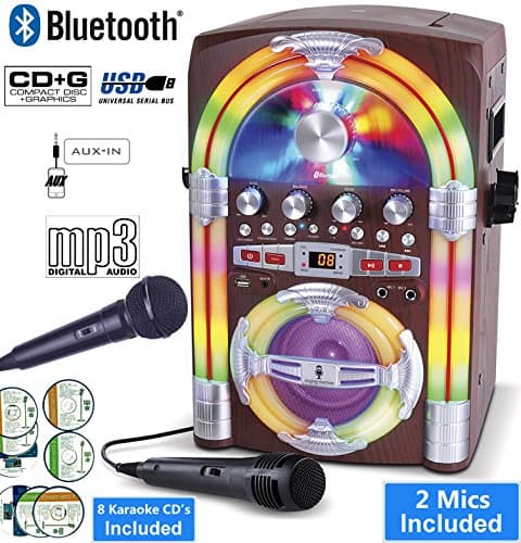 Mini Jukebox Bluetooth Karaoke Machine, Top Loading CD Player - Music CDs &amp; CDG+ (Songs with Lyrics on TV) LED Lights - 2 M1C Input - Recording USB Port - Link: iPhone, Samsung Galaxy, Sony Xperia (Party Pack 3)