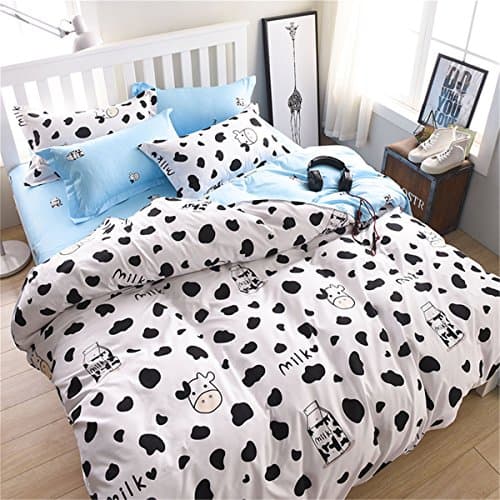 Sookie 3 Piece bedding set - 800 Thread Count Luxurious&Extremely Durable Premium Bedding Collection - Double blue Small cow milk cartoon design -UK King Size