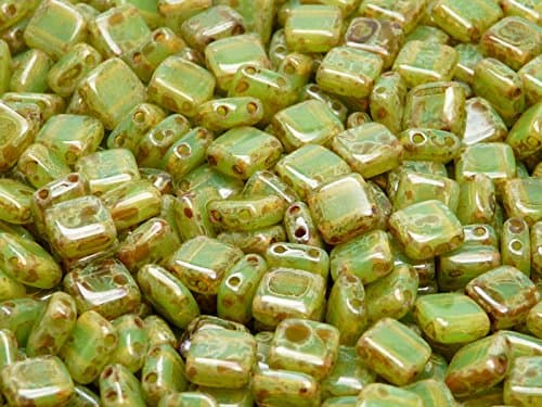 40 Pieces Czech Glass Beads Tile Two-Hole, Flat Square 6x6x2.9mm Green Opal Travertine