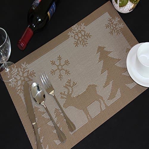 Christmas Decorative Table Mats (Set of 4), Table Place Protector Dinner Mats Washable Eco-friendly Non-slip PVC Mats, 45*30cm, Gold