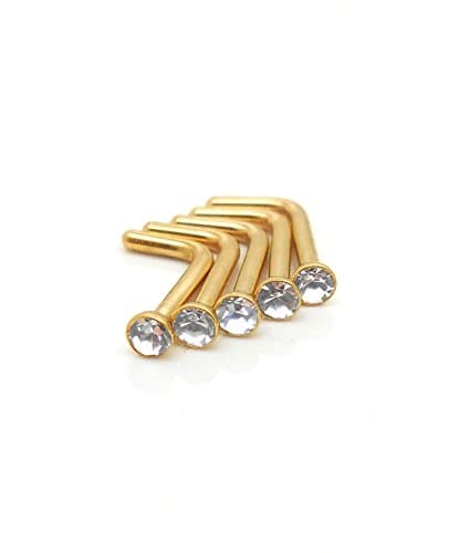 18 or 20G 5 PC lot L Shaped Crystal Bone Nose Ring Stainless Steel 2, 3mm Stones (Gold Tone 18G L Shape 2mm Stone)