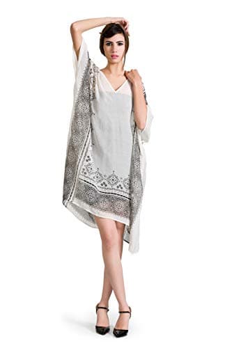 Indian Textile Arts Printed Polyester Short Kaftans for Women- White