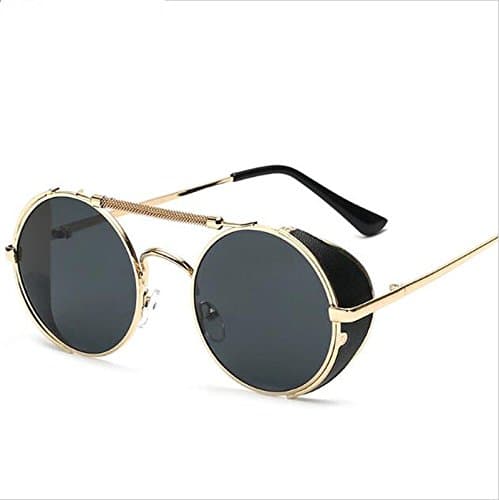 Side Shield Men steampunk Goth sunglasses round designer windproof metal Women,Gold Black