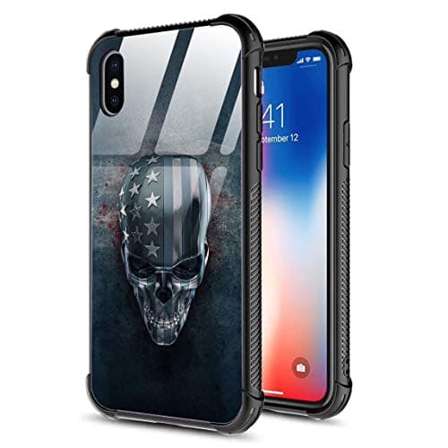 iPhone X Case,iPhone Xs Case,Slim Tempered Glass Back Cover Silicone Bumper Frame Shockproof Anti-Scratch Cover Case for Apple iPhone X/XS Silver Skull American Flag