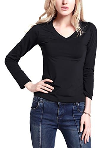 EYAN Women's V Neck Long Sleeve Shirts, Cotton Basic T Shirt, Elastic Breathable Blouses Tops (XXL,Black)