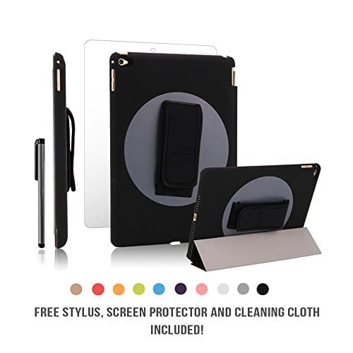 New iPad Air 2 Case 360 Degree Handheld Rotating Case Adjustable Strap by JACKIT Back Cover and Front Smart Wake/Sleep Magnetic Cover FREE Stylus Screen Protector Cloth for Apple iPad Air 2 [Black]