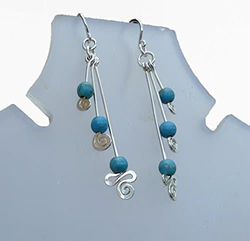 sterling silver Drop Dangle earrings with tuquoise stone beads and spirals. silver drop long earrings. (your choise of stone)