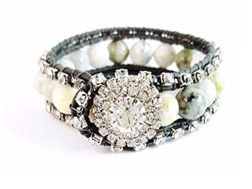 Grey Leather Wrapped Gemstone Cuff Bracelet