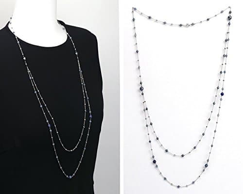 lapislazuli long silver chain necklace,Gemstone silver ball chain 2 line necklace,Rhodium plated 925 sterling silver necklace