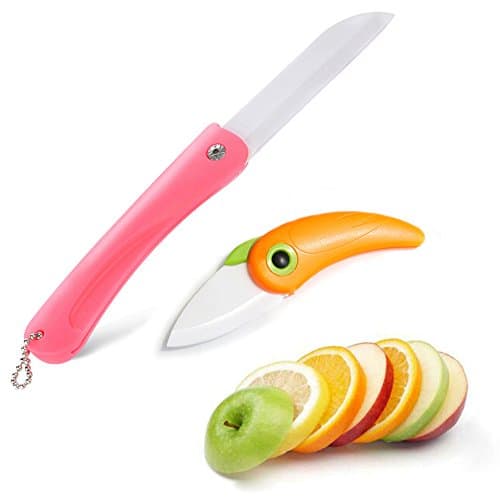 Ofcose Ceramic Knife Set 2-pcs ( 3.3 inch - Blade Folding Knife + 2.3 inch - Blade Pocket Knife ) Kitchen Utility Fruit-Vegetable Cutting Knives (Random Color)