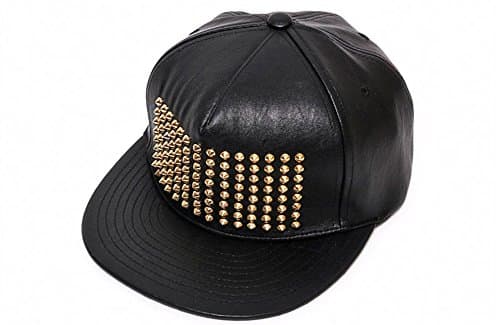 Muan Stamp'd Dope Studded Snapback Cap Black Leather Baseball Hat (2. Gold)
