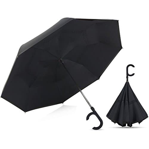 Large Reverse Folding Umbrella Inverted With C Handle Windproof Self Standing Auto Close| Upside Down Umbrella Protects From UV Rays &amp; Keeps You Dry | Gifts For Men &amp; Women by Broni | Black
