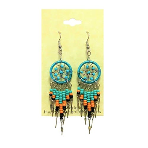 Peruvian Earrings - Dream Catchers Dangle Tear Drop Hand Crafted (2 1/8" x 3/4") (Turquoise)