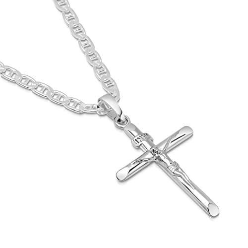 Solid Sterling Silver Cross Necklace 2mm Mariner Chain - Crucifix - 26"