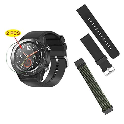 2 Pack Watch Bands Compatible with Huawei Watch 2,Sonku 20mm Watch Straps Breathable Silicone&Nylon Replacement Sport Loop Bands,Black and Military Green+2 Screen Protector